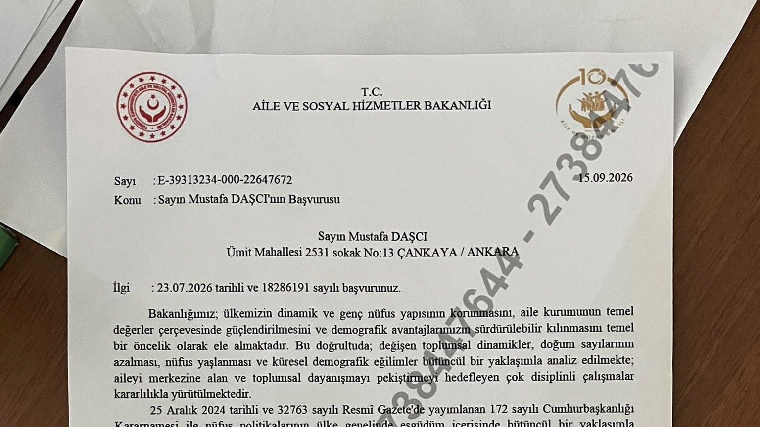 MUSTAFA DAŞÇI’NIN BAŞVURUSUNA AİLE VE SOSYAL HİZMETLER BAKANLIĞI’NDAN YANIT